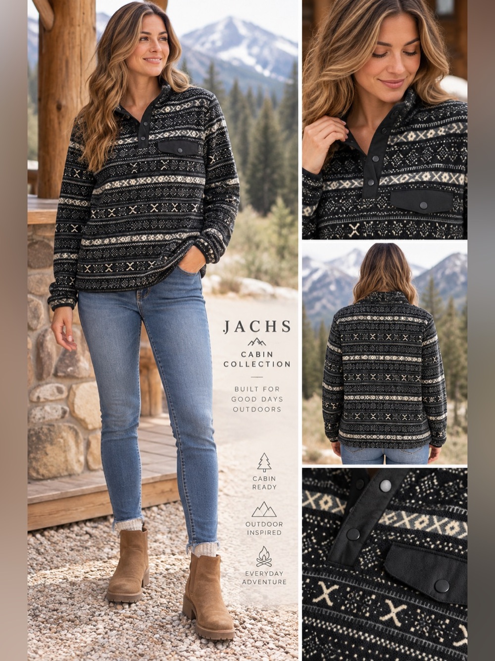 JACHS Cabin Fair Isle Fleece Pullover Black Nordic Pattern Snap Neck Size S